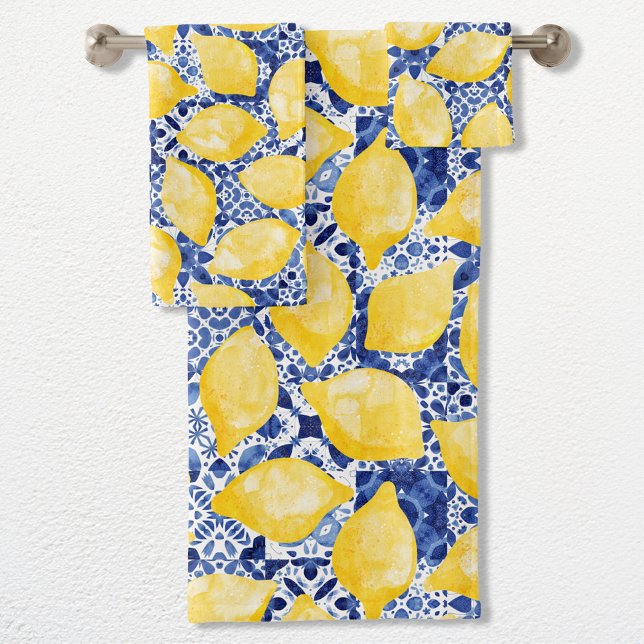 Lemon Citrus Mediterranean Blue White Tile Bath Towel Set (Citrus lemon watercolor on a blue and white Mediterranean tile background on a towel set)