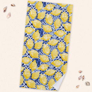 Lemon Citrus Mediterranean Blue White Tile Beach Towel