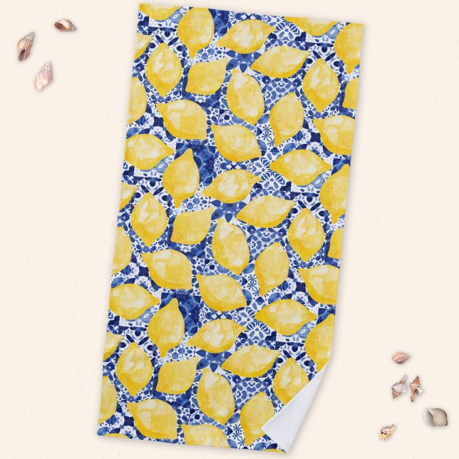 Lemon Citrus Mediterranean Blue White Tile Beach Towel (Mediterranean fresh yellow citrus lemon pattern beach towel with a blue and white tile background)