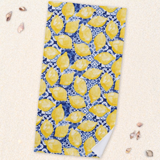 Lemon Citrus Mediterranean Blue White Tile Beach Towel (Mediterranean fresh yellow citrus lemon pattern beach towel with a blue and white tile background)