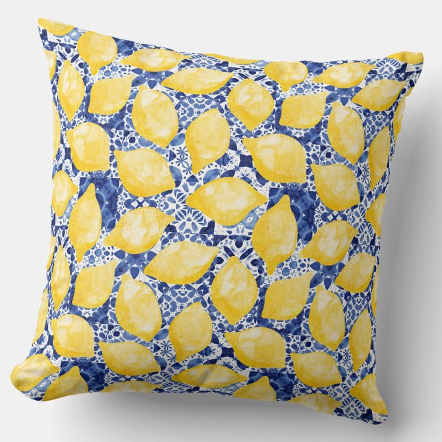 Lemon Citrus Mediterranean Blue White Tile Pattern Cushion (Lemon and blue tile pattern Mediterranean citrus throw pillow)