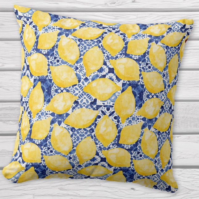 Lemon Citrus Mediterranean Blue White Tile Pattern Cushion (Lemon and blue tile pattern Mediterranean citrus throw pillow)