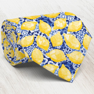 Lemon Citrus Mediterranean Blue White Tile Pattern Tie