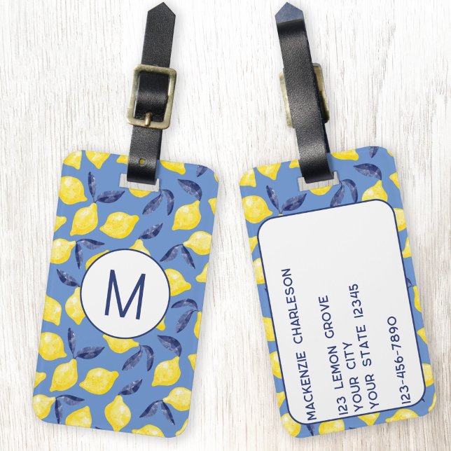 Lemon Citrus Mediterranean Monogram Luggage Tag (Blue and yellow personalized monogram initial Mediterranean citrus lemon fruit luggage tag)