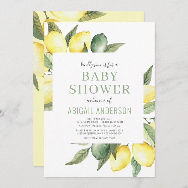 Lemon Citrus Modern Watercolor Baby Shower   Invitation (Front/Back)