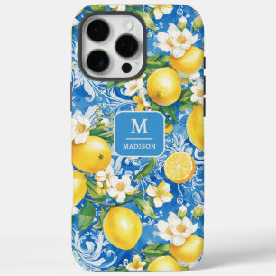 Lemon Citrus Monogram Name Blue Yellow Floral iPhone 16 Pro Max Case