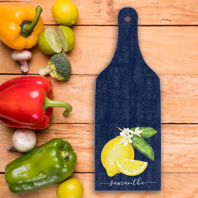 Lemon Citrus Monogram Navy Blue Cutting Board (Creator Uploaded)