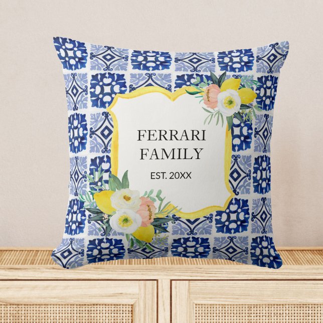 Lemon Citrus Navy Blue Italian Mediterranean Cushion (In situ)