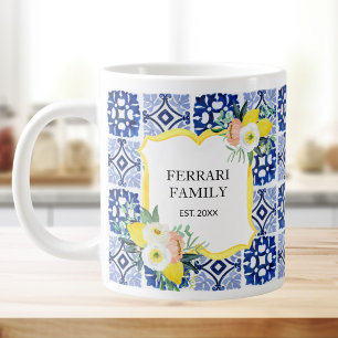 Lemon Citrus Navy Blue Italian Mediterranean Large Coffee Mug