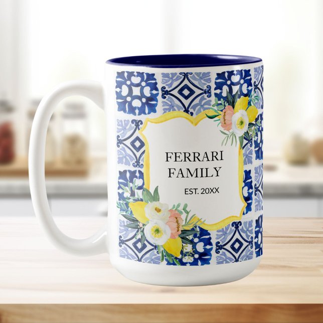 Lemon Citrus Navy Blue Italian Mediterranean Two-Tone Coffee Mug (In situ)