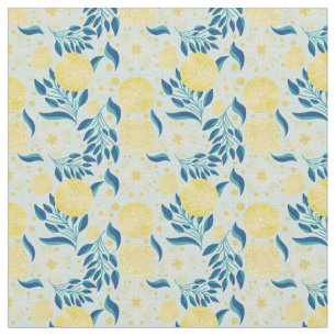 Lemon Citrus Pastel Blue Floral  Fabric