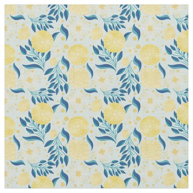 Lemon Citrus Pastel Blue Floral  Fabric (Close Up)