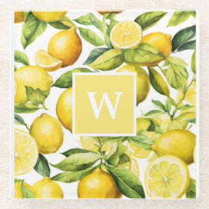 Lemon Citrus Pattern Monogram Glass Coaster