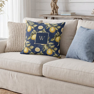 Lemon Citrus Pattern Monogram Throw Pillow