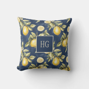 Lemon Citrus Pattern Monogram Throw Pillow