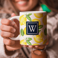 Lemon Citrus Pattern Navy Monogram
