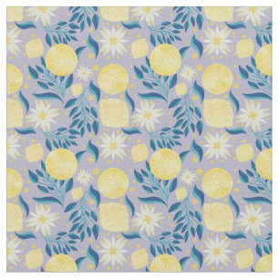 Lemon Citrus Periwinkle Floral  Fabric