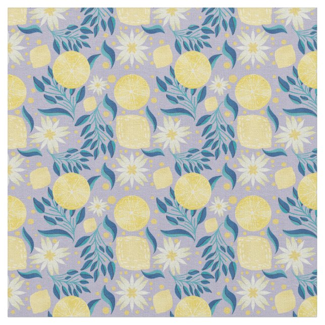 Lemon Citrus Periwinkle Floral  Fabric (Close Up)