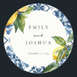 Lemon Citrus Positano Italian Wedding Classic Round Sticker<br><div class="desc">Lemon Citrus Positano Italian Wedding Square Sticker</div>