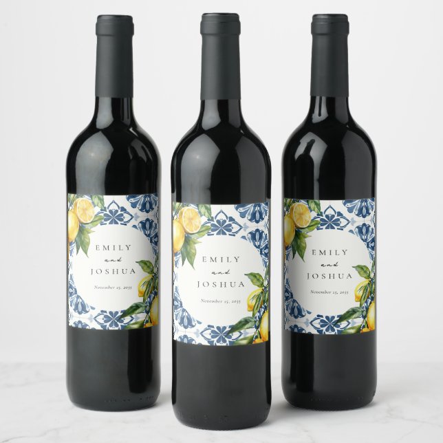 Lemon Citrus Positano Italian Wedding Wine Label (Bottles)