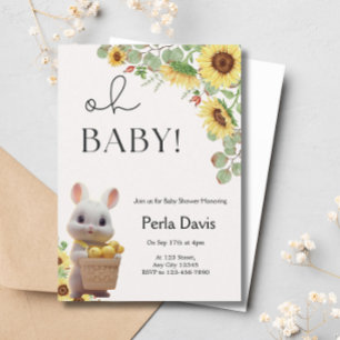 Lemon Citrus Rabbit Sunflowers Summer Baby Shower Invitation