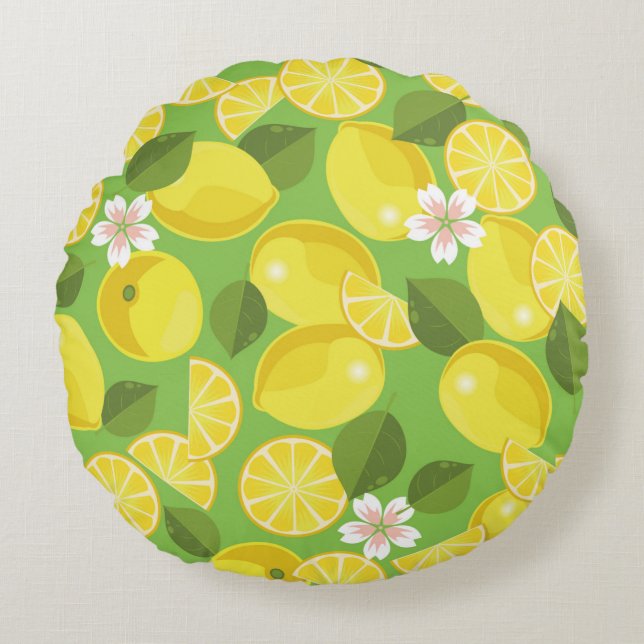 Lemon citrus seamless pattern background round cushion (Front)