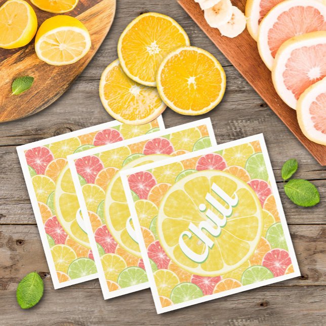 Lemon Citrus Slices Chill Party Napkin (Chill text on lemon, lime, orange and grapefruit citrus slices summer party napkins)