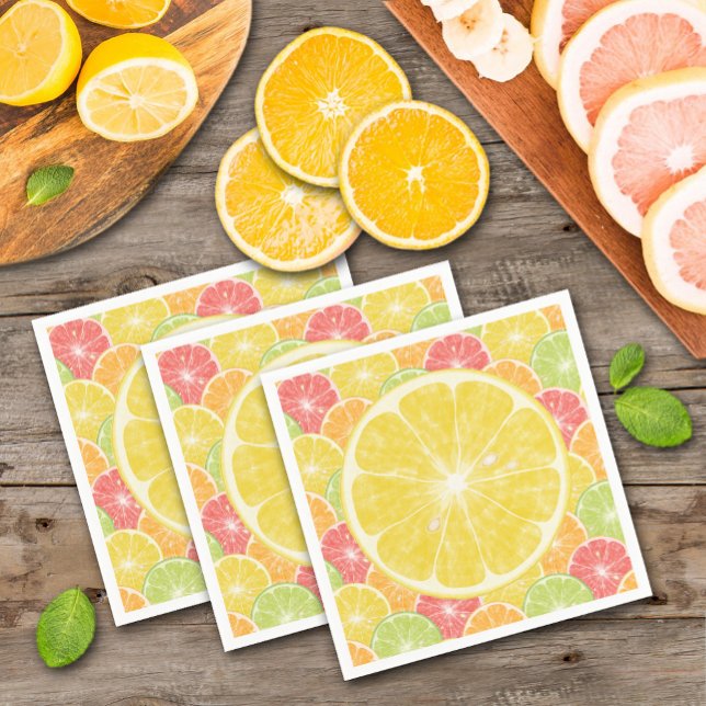 Lemon Citrus Slices Napkin (Lemon slice on a background of citrus slices cocktail napkins)