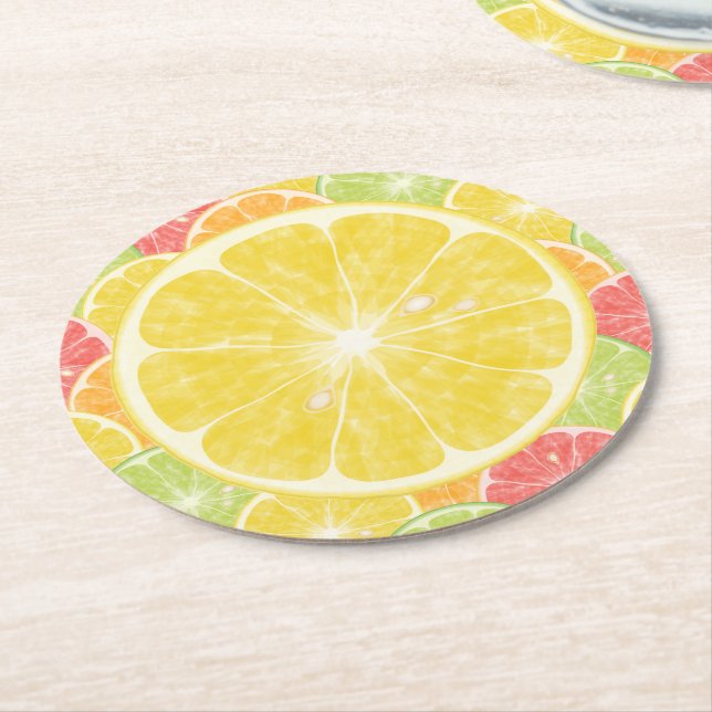 Lemon Citrus Slices Round Paper Coaster (Angled)