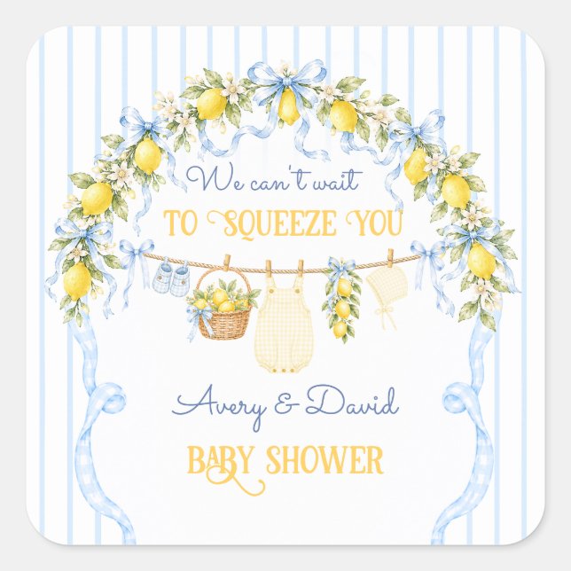 Lemon Citrus Squeeze Baby Shower Boy Clothes Bow Square Sticker (Front)