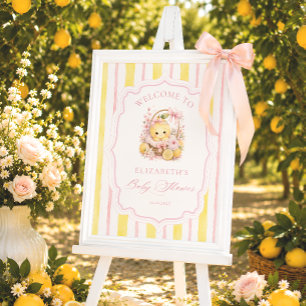 Lemon Citrus Stripes Girl Baby Shower Welcome Poster