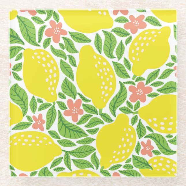 Lemon Citrus Summer Vintage Pattern Glass Coaster (Front)