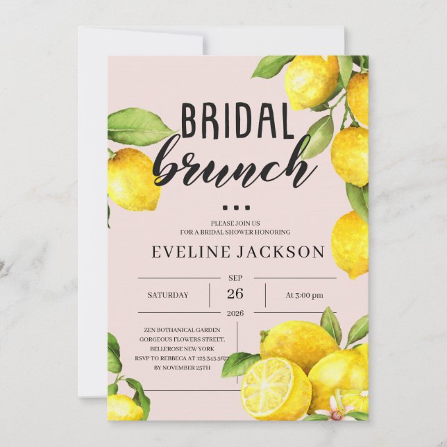 Lemon citrus summer yellow pink bridal brunch invitation (Front)