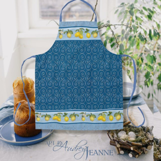 Lemon Citrus Trellis French Country Farmhouse Navy Apron (Creator Uploaded)