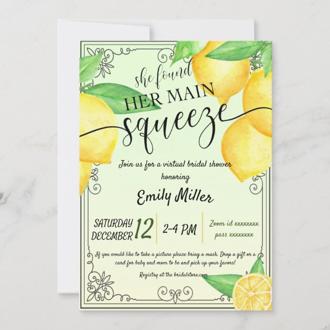 Lemon citrus virtual bridal shower invitation (Front)