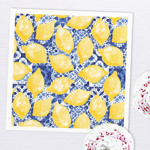 Lemon Citrus Watercolor Blue Mediterranean Tile Napkin
