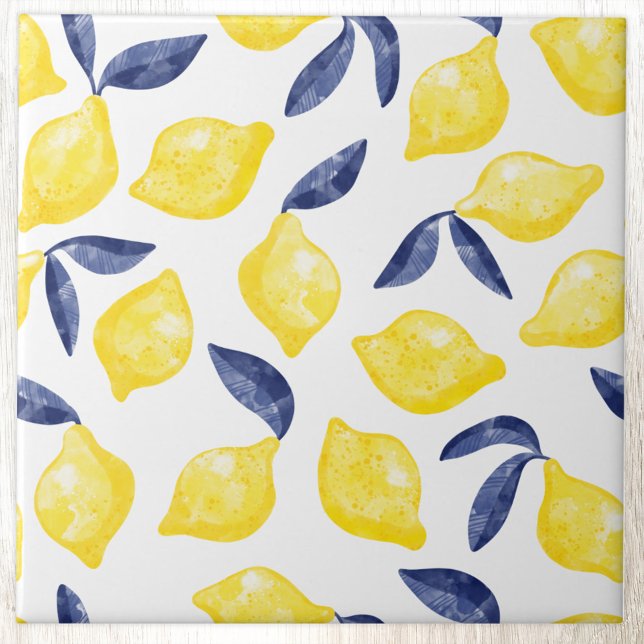 Lemon Citrus Watercolor Mediterranean Tile (Modern citrus lemon watercolor pattern decorative ceramic tile)