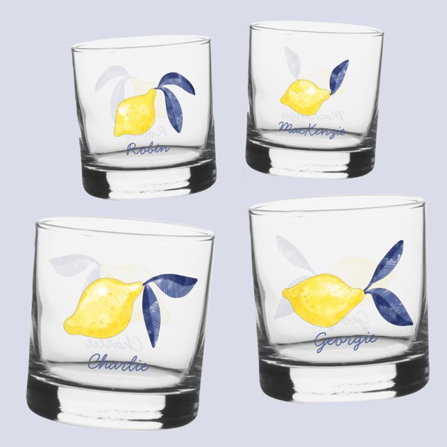 Lemon Citrus Watercolor Personalised Name Whiskey Glass (Fresh citrus lemon watercolor individual name personalized glasses)