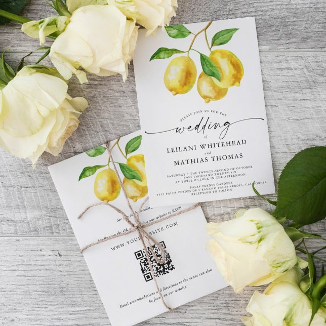 Lemon Citrus Watercolor QR Code Wedding Invitation (Our Lemon Citrus Watercolor RSVP QR Code Wedding Invite is the perfect way to simplify your RSVPs.)