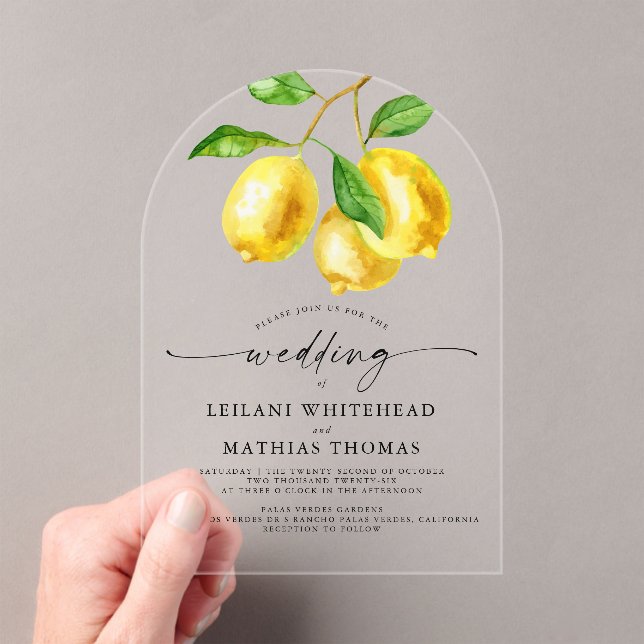 Lemon Citrus Watercolor Wedding Acrylic Invitations (Insitu (Handheld))