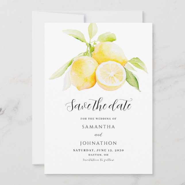 Lemon Citrus Watercolor Wedding  Save The Date (Front)
