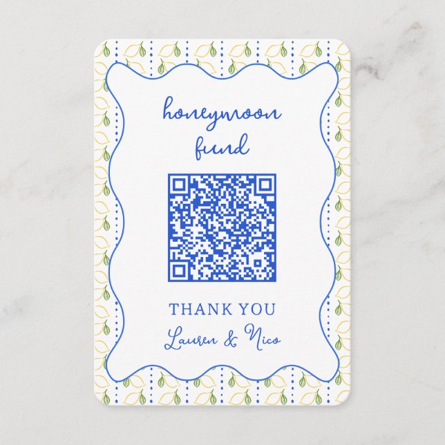 Lemon Citrus Wedding Honeymoon Fund QR Code Enclosure Card (Front)