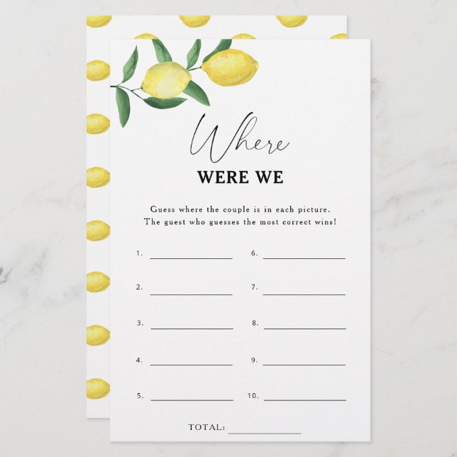 Lemon Citrus - Where were we bridal shower game (Front/Back)