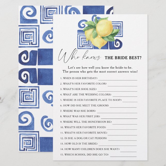Lemon citrus - Who knows the bride best game (Front/Back)