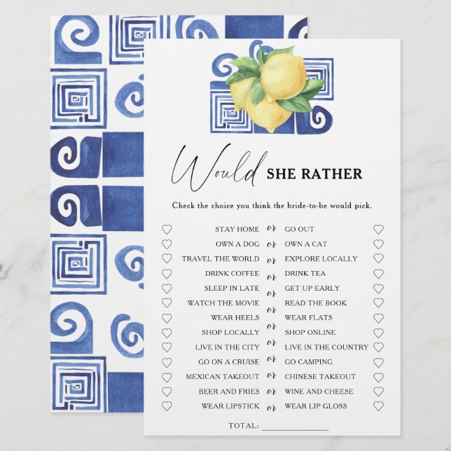 Lemon Citrus - Would she rather bridal shower game (Front/Back)