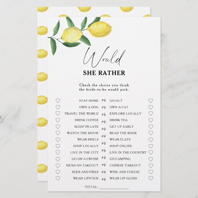 Lemon Citrus - Would she rather bridal shower game (Front/Back)