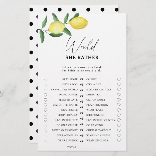 Lemon Citrus - Would she rather bridal shower game (Front/Back)