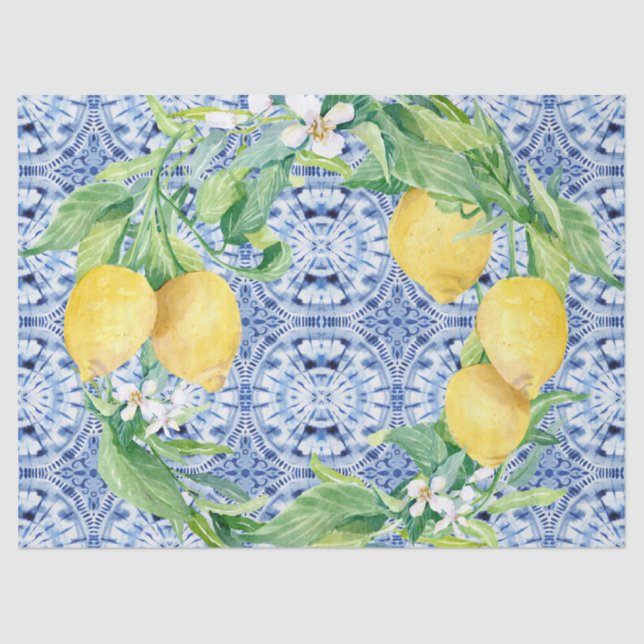 Lemon Citrus Wreath Farmhouse Navy Blue n White Tissue Paper (Front)
