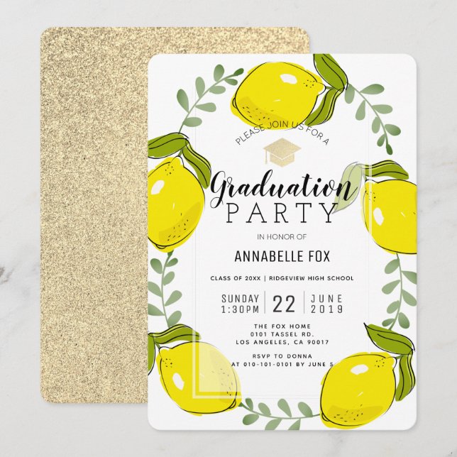 Lemon Citrus Wreath Gold Glitter Graduation Invitation (Front/Back)
