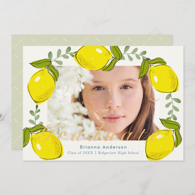 Lemon Citrus Wreath Photo Graduation Invitation (Front/Back)